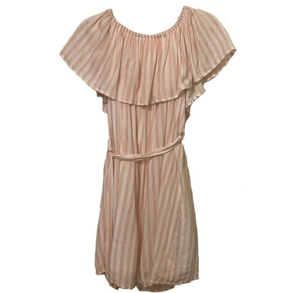 She + Sky Pink White Striped Cotton Dress Womens Size Medium Off Shoulder